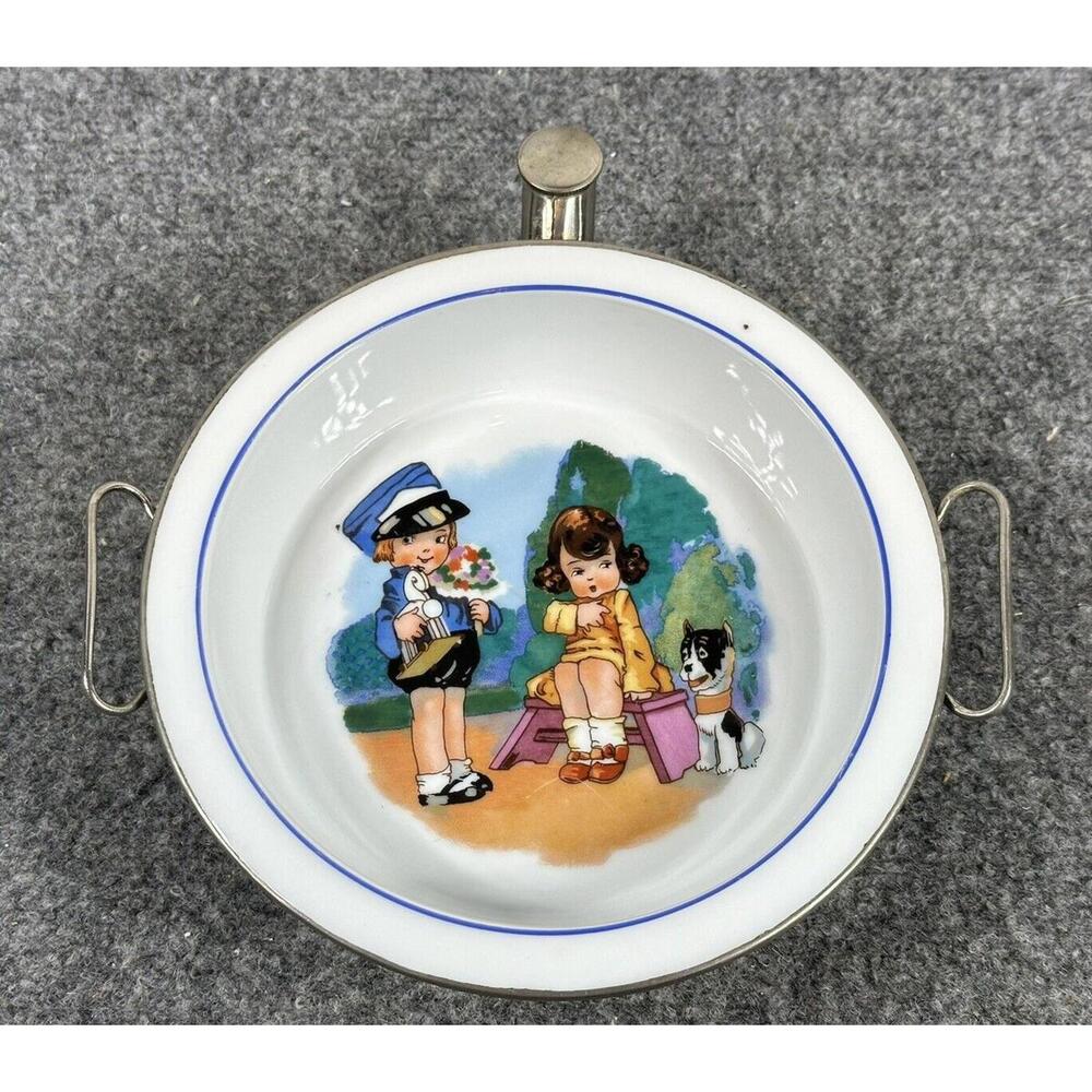 Vintage Excello Childs Porcelainβ Warming Bowl Dish Boy W/Pull Toy Girl Dog